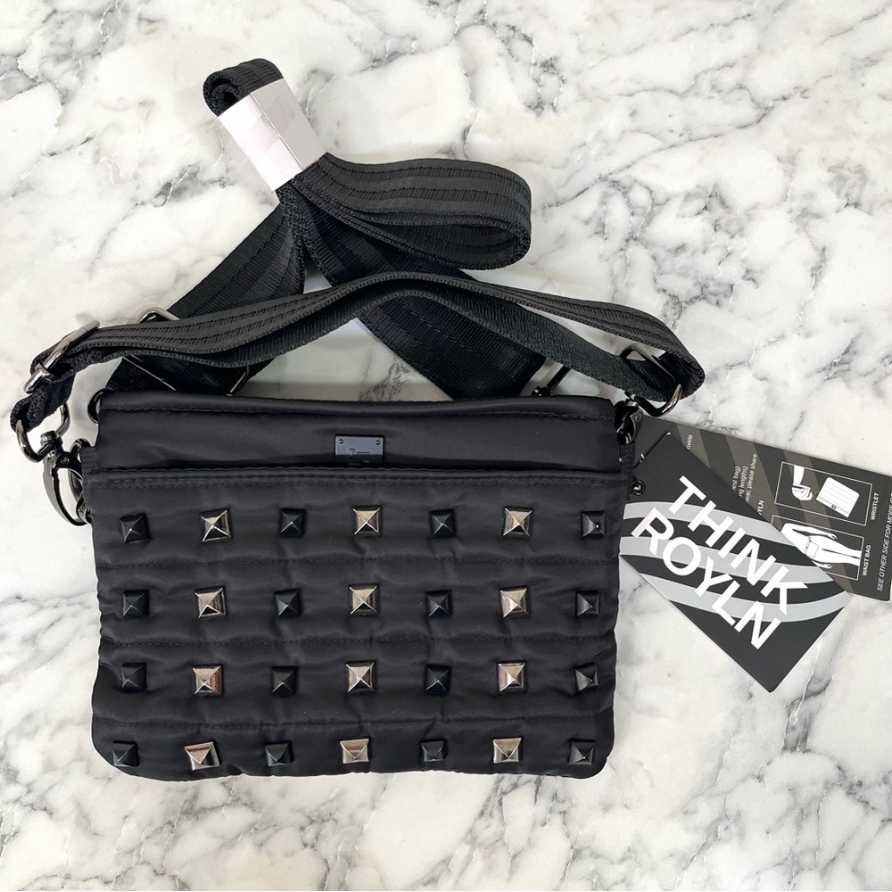 Think Royln Bum Bag Crossbody in Black Quilted Black Silver Studs Convertible